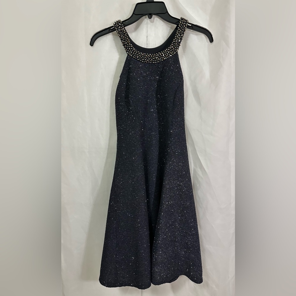 Betsy Adam Cocktail Dress Dark grey shimmer, beaded collar, shear back, side zip